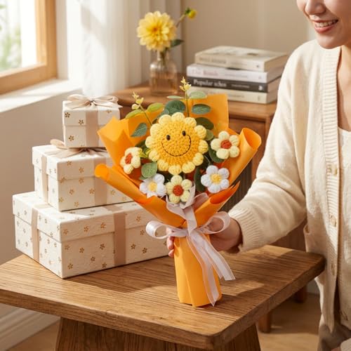 Bouquet de fleurs tricotées haut de gamme en coton jaune durable