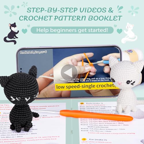 Image of Crochet Kit for Beginners, Crochet Starter Kit with Step-by-Step Video Tutorials, Crochet Animal Kits for Adults, DIY Craft Supplies (Magical Cats)