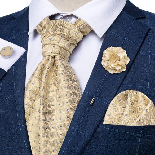 Image of DiBanGu Mens Silk Ascot Ties Paisley Jacquard Woven Cravat and Pocket Square Cufflinks with Lapel Pin for Business Wedding