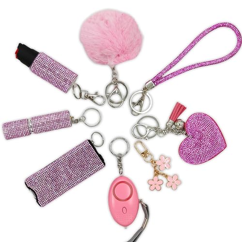 KLKOKVKE Gift Keychain Set for Women Including Wrist Strap Heart Accessory Petal Decor and Pom Pom Pink