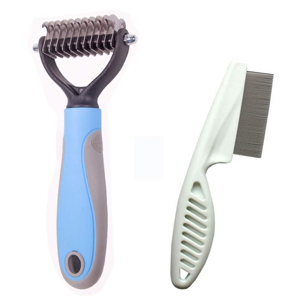 Double-Sided Pet Grooming Rake Comb for Dogs and Cats - Undercoat Dematting Tool with Flea Comb Set (Blue/11 tooth)