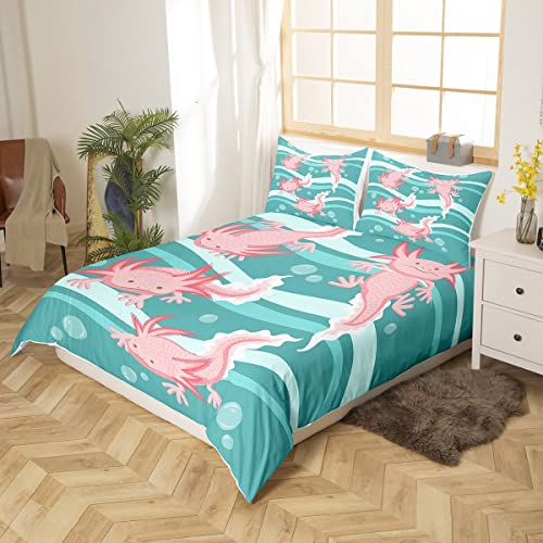 Cartoon Axolotl Duvet Cover Kawaii Axolotl Bedding Set Green 3D Animals Comforter Cover for Boys Girls Children Teens Salamander Bedspread Cover King Size - Image 2