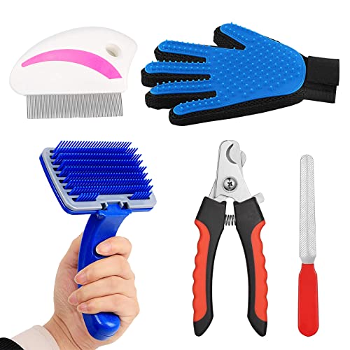 Emily Pets Dog Grooming Kit Combo -Dog Nail Clippers with Filer Dog Manual Kit Dog Plastic Slicker Brush with flea Comb Pet Grooming Glove for Dog Puppy Multicolor (Pack Of 4)