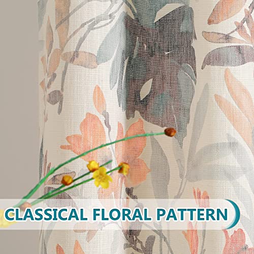 Mysky Home Floral Curtains 54 Inches Long Semi Sheer Curtains Light Filtering Curtains For Living Room Drapes For Bathroom Farmhouse Floral Printing Window Treatment Grommet 2 Panels,Coral And Natural #TOP4