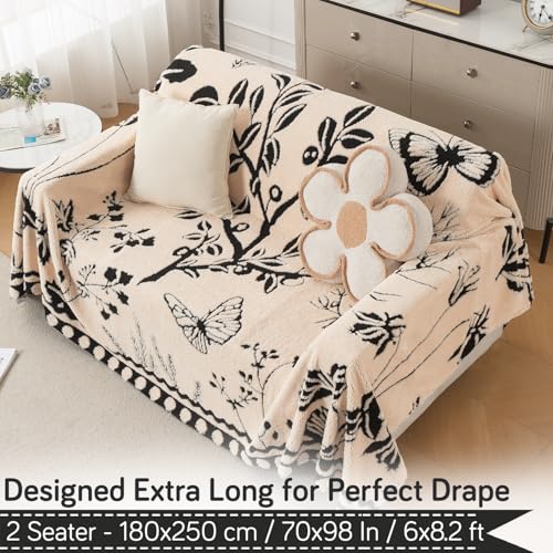 Image of HOKIPO Luxury Plush Sofa Cover Throw for 2 Seater Sofa | Soft Sofa Throw for Complete Sofa Protection, 'Noirea Series' Butterfly Garden (180x250 cm) (AR-6652-D7)