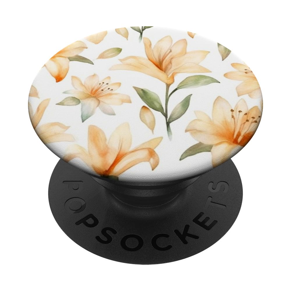 Lily Flower Floral Pattern Cute Peach Color Lilies PopSockets Swappable PopGrip, Black