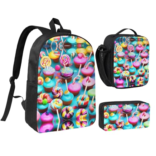 Sac à dos d'écolier avec lunch bag et trousse pour le primaire au motif sucettes