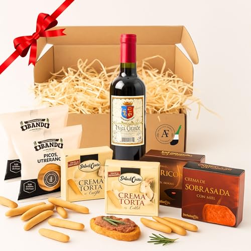 Cesta Gourmet para Regalar ACROL, Vino Tinto 37,5cl, cremas torta Oveja y Cabra, paté ibérico al Pedro Ximénez, sobrasada con miel y picos artesanos, regalo hombre, regalo mujer cumpleaños