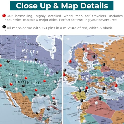 Image of Blue Oceans World Map with Pins - Personalized Travel Tracker - Modern Frameless Canvas Wall Art - Gallery Wrap - 30 inch x 45 inch
