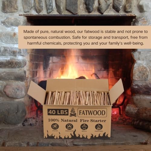40 Lbs Fatwood Fire Starter Sticks, 100% Natural Pine Kindling Wood, Pine Firewood Firestarter for Campfire, Stove, Fireplace, Bonfires, Grill, Long-Lasting, Quick Ignition (40 LBS)