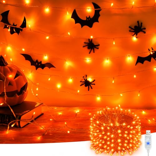 Etopgo USB Fairy Lights 10M100LED Halloween Orange Lights 8 Modes Indoor Outdoor Orange USB String Lights for Halloween Bedroom Garden Party Autumn Decorations