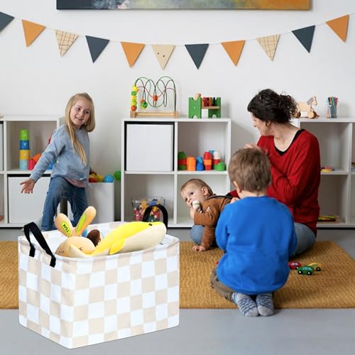 Image of MAIZMZ Beige Check Storage Basket Baby Toys Organizer Bins Decorative Gifts Bakset Waterproof Nursery Hamper Women Storage Cube Kids Laundry Basket for Home /Dorm /Kitchen /Pet /Office /Closet /Shelf /