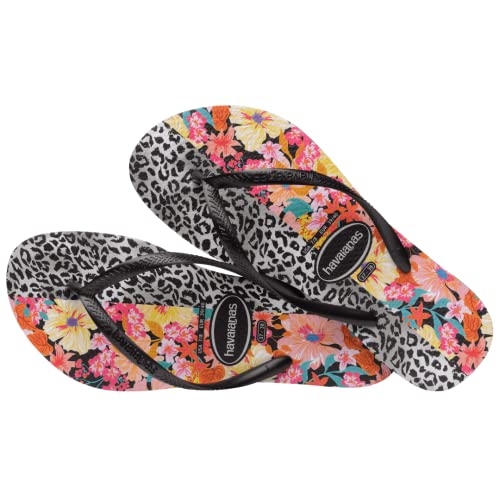 Havaianas Kids Slim Mixed Print Flip Flops - Spring and Summer Flower and Cheetah Sandals for Girls - Black/Black, 9C Little Kid