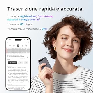 NUASI Registratore Vocale AI con Memoria 64GB - Trascrizione e Riassunto Automatico, Oltre 80+ Lingue, Registratore Digitale Professionale per Riunioni/Lezioni/Interviste, Controllo App, con Custodia​