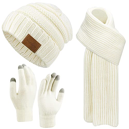 Hicdaw Winter Beanies Hat Scarf Gloves Women Winter Hats for Women Beanie Hat Long Scarf Fleece Lined Touchscreen Gloves