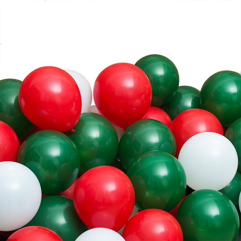 Image of 100 Pcs Christmas Red Green Balloons 12 Inch Red Green and White Latex Balloons with 65ft Ribbon for Christmas Birthday Baby Shower Party Decorations