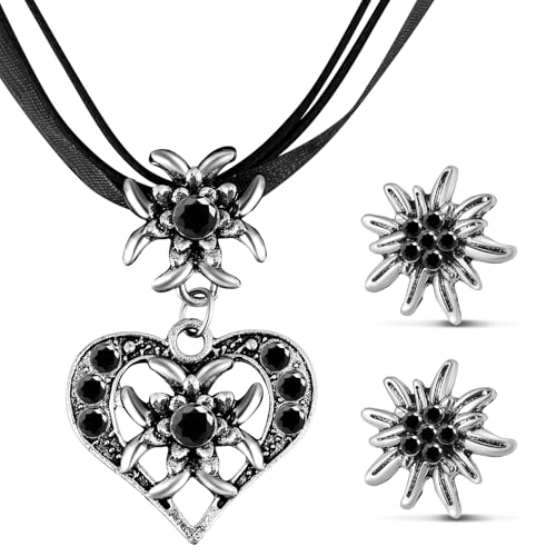 Patelai 3 Pcs Set de Bijoux d'Edelweiss Fantaisie Bijoux de Dirndl Bavarois Collier d’Edelweiss Strass avec Pendentif Cœur Boucles d'Oreilles d'Edelweiss...