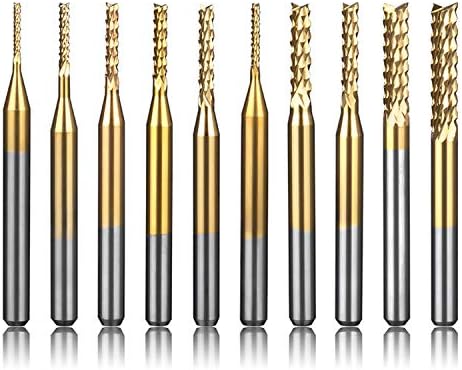 End Mill Sets, 10 Pieces Titanium Coat Carbide CNC Router Burrs End Milling Engraving Bits Drilling Hole Tool for PCB Circuit Board Plastic Fiber Wood Copper 0.8~3.175mm 1/8" Shank