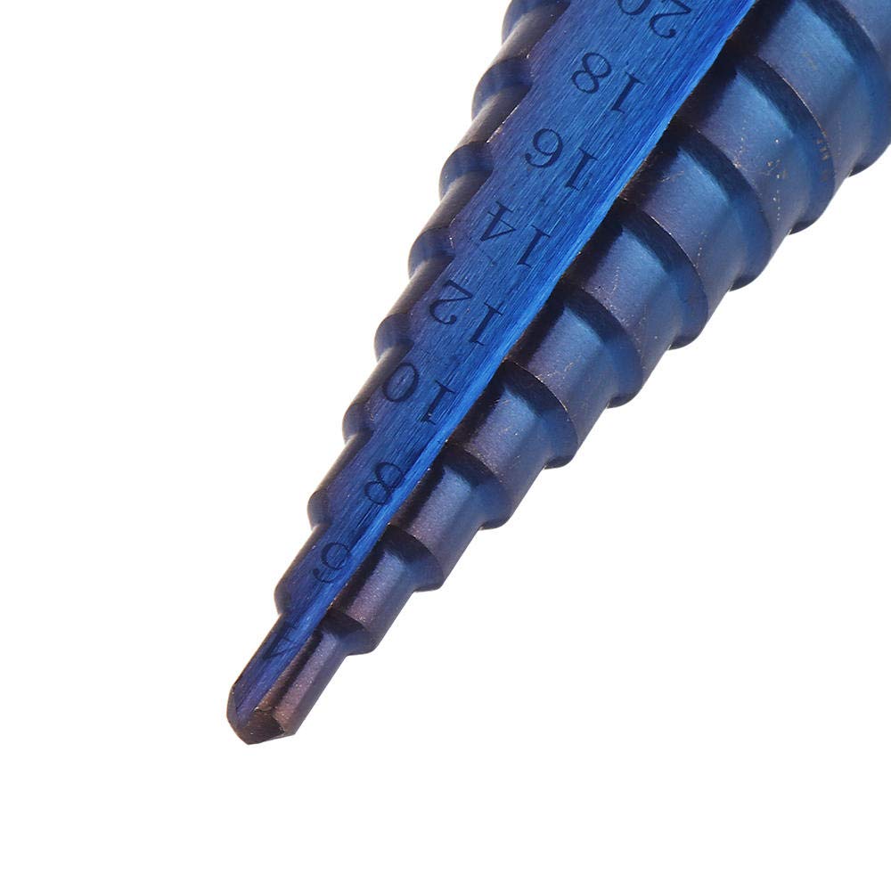 Broca escalonada ranurada en espiral, Juego de brocas escalonadas con revestimiento azul, vástago hexagonal de 3 uds., 1/4 pulgadas, 4 12/4 20/4 32mm