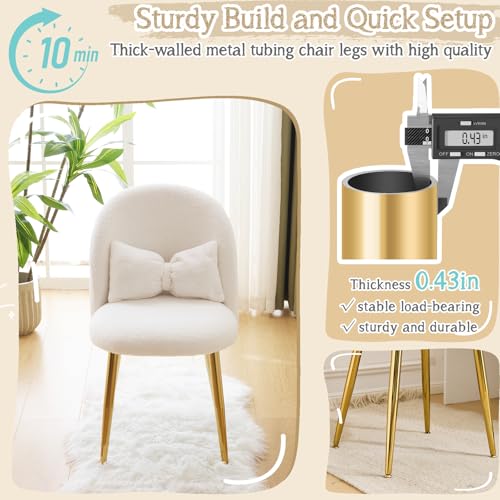 Miniatura 6 de Bonnlo Silla De Maquillaje, Silla Tocador, Sillas De Comedor, Patas Doradas Ajustables Y Cojín Con Lazo Para Dormitorio, Sillón Salón Para Tocador U Oficina En Casa Tejido Teddy, Blanco
