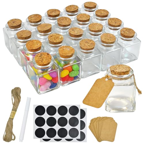 ASOUUNLD 20PCS Petite Bocaux en Verre avec Bouchon Liège, Petite Fiole en Verre 50 ml Mini Bouteille pour Mariage Mini Pot Conservation Carré avec...