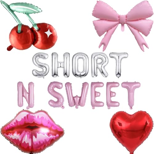 Image of Short N Sweet Balloon Banner Cherry Lip Red Heart Pink Bow Mylar Balloon for Singer Bachelorette Party Singer Birthday Party Decorations