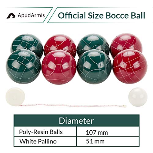 ApudArmis 107mm Bocce Balls Set, Outdoor Tournament Bocce Game for Backyard/Lawn/Beach - Set of 8 Poly-Resin Balls & 1 Pallino & Nylon Carrying Case & Measuring Rope (Red and Green)