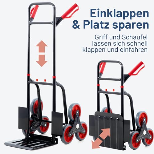 Pallit Sackkarre klappbar & höhenverstellbar [120kg] - ergonomische Treppensteiger-Transportkarre Diablo-FS aus Stahl mit 3-Räder-System als Treppensackkarre, Schubwagen oder Holztransportkarre