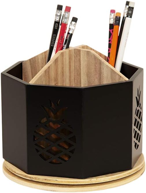 Spinning Desktop Stationary Organizer – Decorative Wooden Rotating Pen and Pencil Cup – 4 Compartment Black Desk and Table Top Office Supplies Station with Pineapple Cutout - by Designstyles