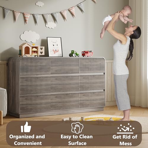 Image of BORNOON Dresser for Bedroom with 9 Drawers, Fluted Chest of Drawers with Round Curved Corner, Hidden Handles, Modern Wood Storage Organizer for Bedroom, Nursery, Living Room