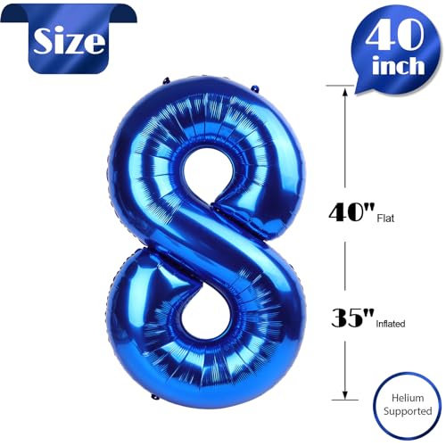 Image of Metallic Blue Number 8 Balloon 40 Inch, 8th Birthday Party Decorations, Giant 8 Foil Balloon for Party Supplies