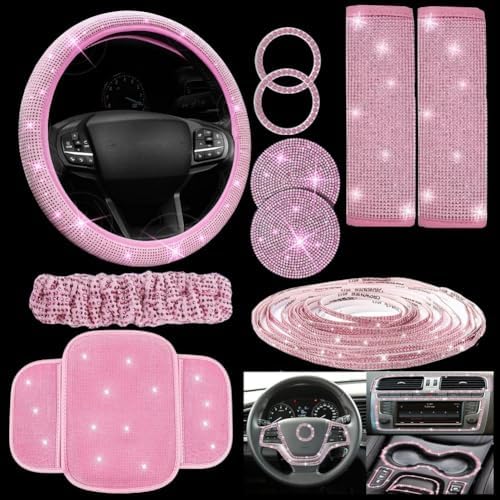 Lot de 10 housses de volant de voiture avec support de téléphone en strass et dessous de verre - Intérieur en velours ultra doux - Rose