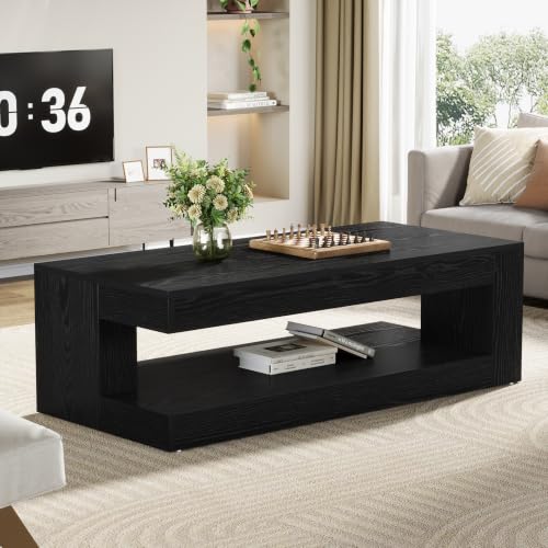 Image of Tribesigns Coffee Table for Living Room, 47.24 Inch Farmhouse 2-Tier Accent Center Tea Cocktail Table with Storage, Rectangle, Black