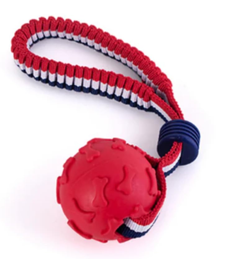 Durable Dog Ball with Handle – Textured Chew & Fetch Toy for Small/Medium Dogs – Non-Toxic Rubber Ball with Strong Woven Strap for Throwing & Tugging (Red)