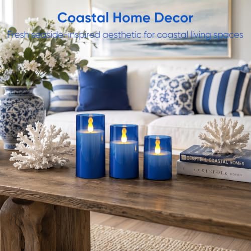 Image of Homemory Blue Flameless LED Pillar Candles with Remote Timer, Set of 3
