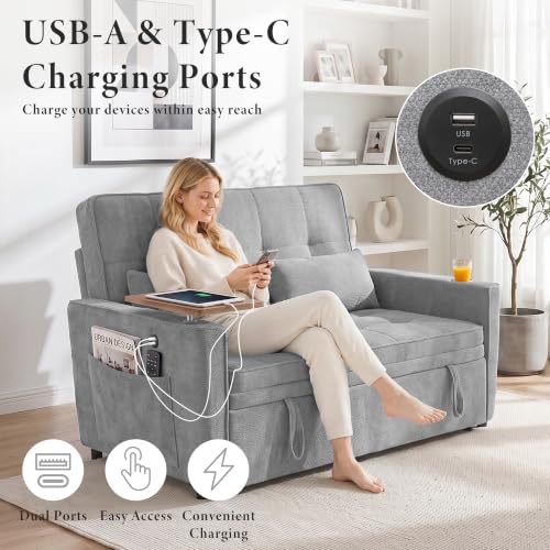 Image of Dreamzie 54'' Convertible Sleeper Sofa Bed with Swivel Side Table, Chenille Pull Out Couch for Living Room, Loveseat Sleeper Couch with Side Pocket | Charging Port | Cup Holder, Light Grey