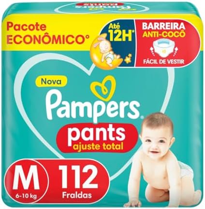 Embalagem frontal do pacote econômico de fraldas Pampers Pants tamanho M com 112 unidades