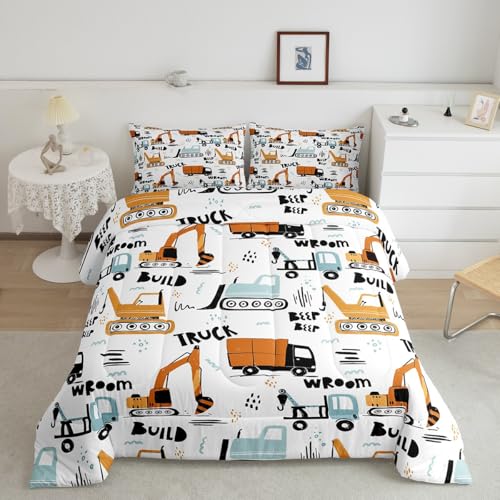 Feelyou Cartoon Car Kids Comforter Cute Excavator Tractor Comforter Set Boys Construction Bedding Set Vehicles Truck Cars Duvet Set Building Equipment Quilt Colorful Decor King Size 3Pcs Boys