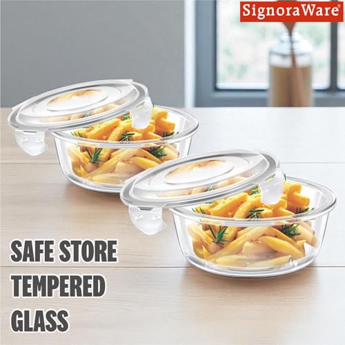 Image of Signoraware Safe Store Glass Round Containers | Airtight & Leakproof | Microwave Safe | Ideal for Reheating, Baking or Serving, Office Lunch & Outdoor Activities (400ml+620ml | Setof2 | Clear)