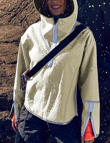 Yeokou Womens Windbreaker Jacket Outdoors Hiking Reflective Striping Hooded Half Zip Pullover Contrast Pocketed Outerwear3