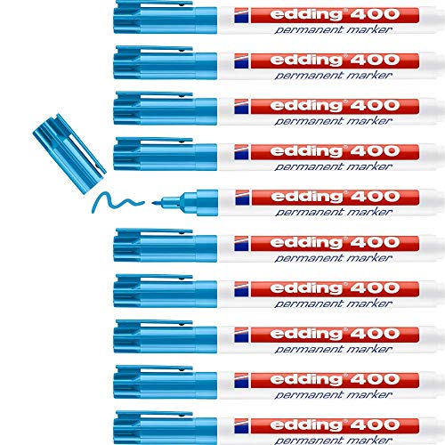edding 400 Permanentmarker - hellblau - 10 Stifte - feine Rundspitze 1 mm - wasserfest, schnell-trocknend - wischfest - für Karton, Kunststoff, Holz, Metall, Glas
