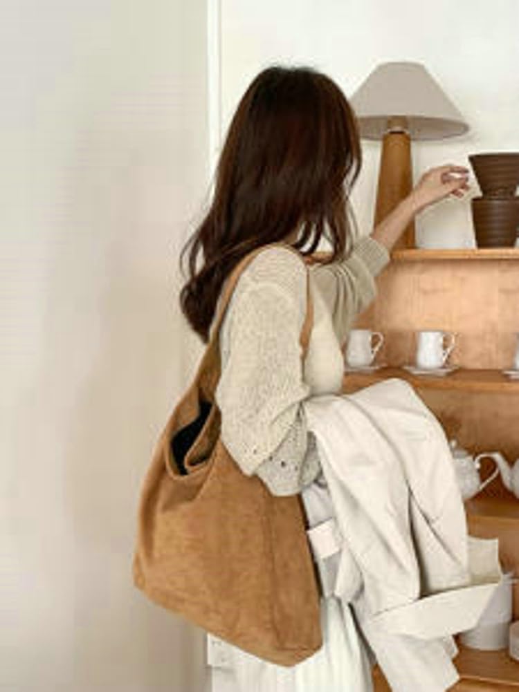 Women's Suede Hobo Tote Bag Casual Shoulder Slouchy Bag Stylish Handbag Fall Winter Large Pocket Bag Magnetic Closure