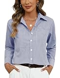 Kistore Womens Button Down Shirts Long Sleeve Striped Cotton Shirts V Neck Collared Boyfriend Style Office Work Blouses Tops Casual Loose S