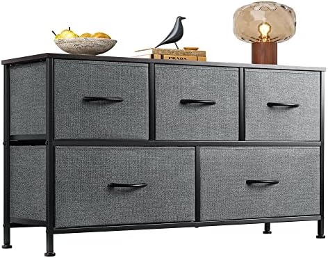 WLIVE Dresser for Bedroom with 5 Drawers, Wide Chest of Drawers, Fabric Dresser, Storage Organizer Unit with Fabric Bins for Closet, Living Room, Hallway, Nursery, Dark Grey