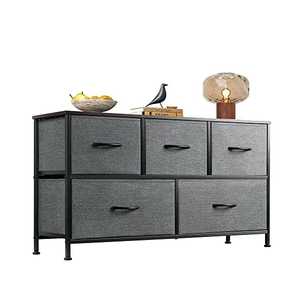WLIVE Dresser for Bedroom with 5 Drawers, Wide Chest of Drawers, Fabric Dresser, Storage Organizer Unit with Fabric Bins for Closet, Living Room, Hallway, Nursery, Dark Grey