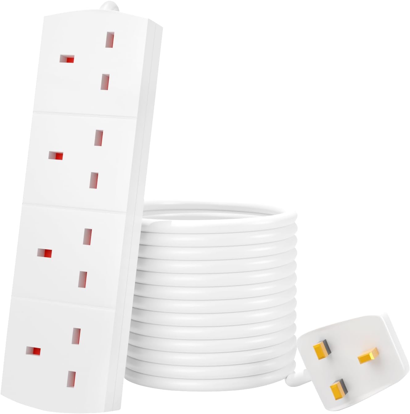 Extension Lead UK Pin Plug and Cable, 4 Gang Way Socket Outlets Power Strips (13 A) Surge Protection Plug with 1m Extension Cord for Multiple Appliances of Home,Office-White