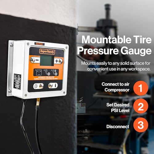 Automatic Tire Inflator with Digital Pressure Control (10–145 PSI), Wall-Mount Air Compressor Gauge System with Hose & Chuck — Auto Inflate/Deflate for Auto Shops, Garages & Fleet Maintenance