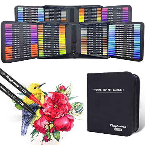 Tongfushop 100 Couleurs Aquarelle Stylos Feutres Double Pointe Fine, Feutre Double Pointe 0.4mm et 5mm pour Feutre Coloriage Adulte avec Enfants, Pour Dessin, Manga, Doodling, Scrapbooking Cover