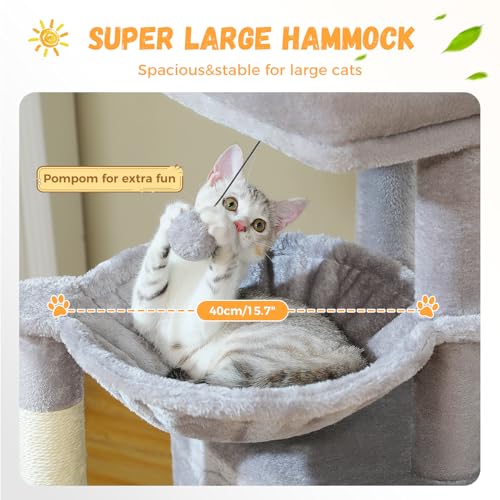 PAWZ Road Large Cat Tree, 41 Inches Multi-Level Cat Tower with 2 Spacious Condos for Indoor Cats, Large Cat House with Comfy Hammock, Padded Perch, Scratching Pad and Replaceable Balls-Gray - Thumbnail 4