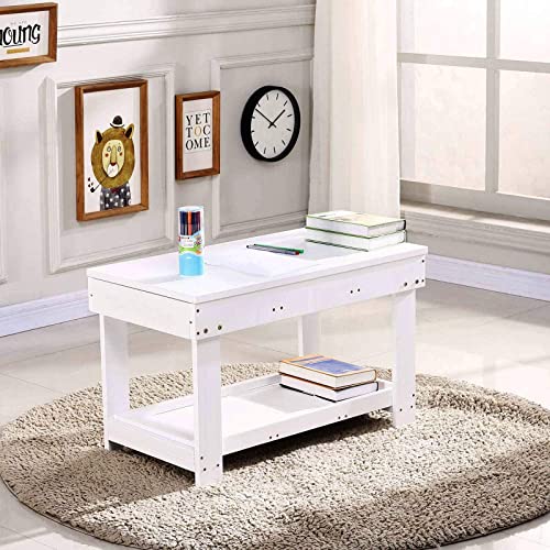 Image of YouHi Kids Activity Table with Board and Storage for Bricks Activity Play Table (White Double Table)